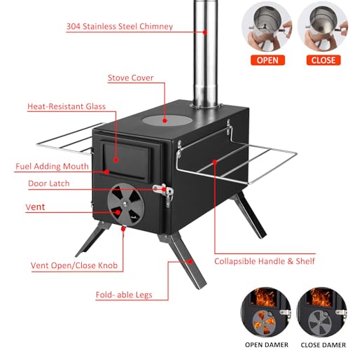 TAIMIKO Stufa a legna portatile da campeggio, stufa a legna da campeggio, con tubo antivento in acciaio 7 Stainles, per riscaldamento da campeggio, alloggio, cucina e barbecue, nero : Amazon.it: Sport e tempo libero