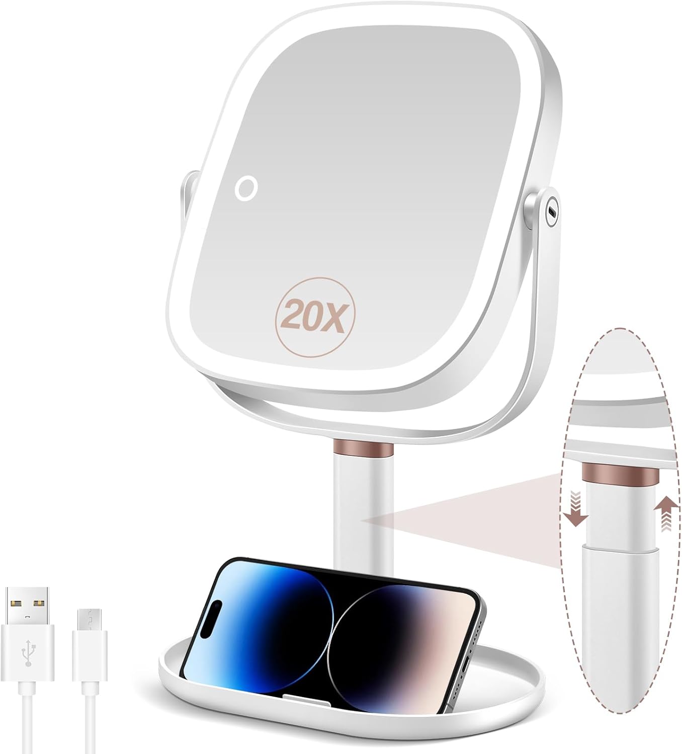 Specchio da trucco con illuminazione, specchio ingranditore 20x con 3 luci colorate, specchio cosmetico con ingrandimento con interruttore bifacciale, specchio ingranditore con luce per camera da