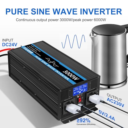 JIGUUN 3000W Inverter Onda Pura 24V 220V Trasformatore con Caricatore 20A e Circuito di priorità di Rete e ups，2 Prese EU, Telecomando Wireless e Display a LCD Potenza di Picco 6000W : Amazon.it: Elettronica