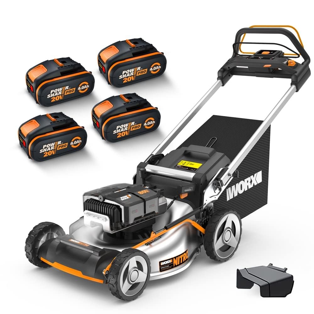 WORX WG761E - Tosaerba a batteria da 80 V (4 x 20 V) PowerShare, motore senza spazzole, larghezza di taglio 51 cm, 7 altezze di taglio con batteria e caricatore