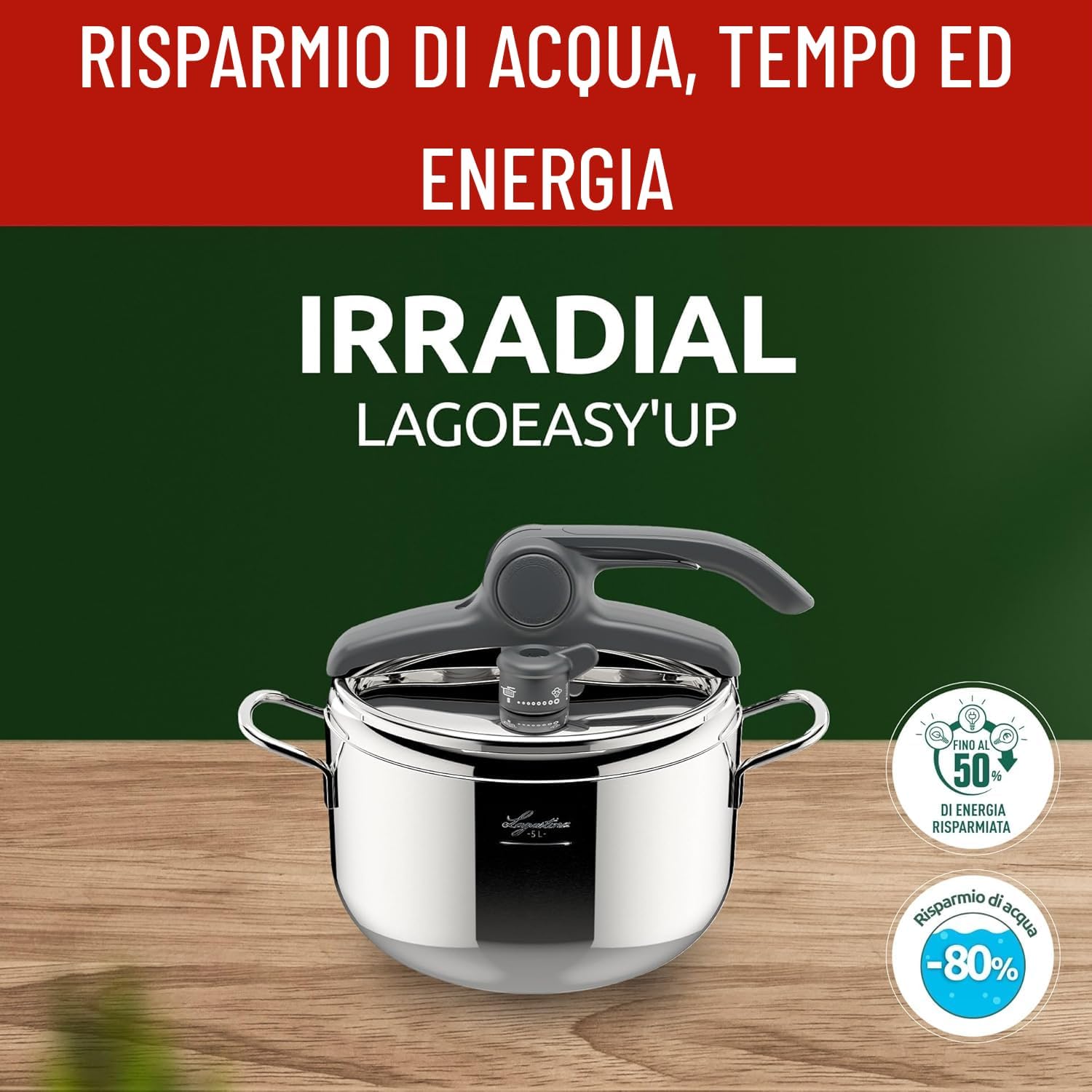 Lagostina Irradial Control Pressure Cooker 5 L Stainless Steel 18/10 Diameter 22 cm, Induction and Gas Pot, Lid with Easy Opening, Irradial Plus Triple Layer Bottom