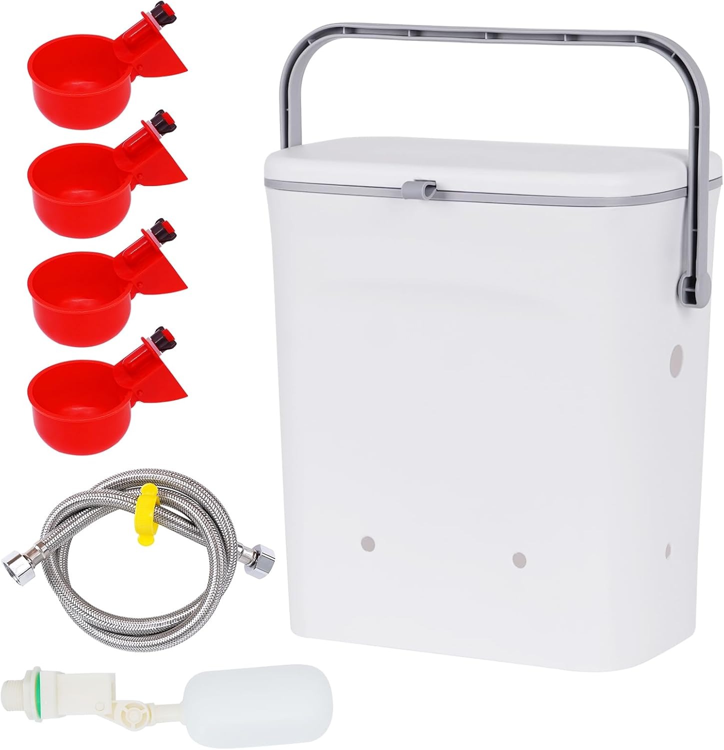 MOGOULUA 9L Abbeveratoio Per Galline con 4 Pezzi Bevitori Automatici Ciotole con 100cm Tubo Intrecciato Adatto per Pollame Uccelli Piccioni Polli Anatre per Essere Appesa nel Pollaio