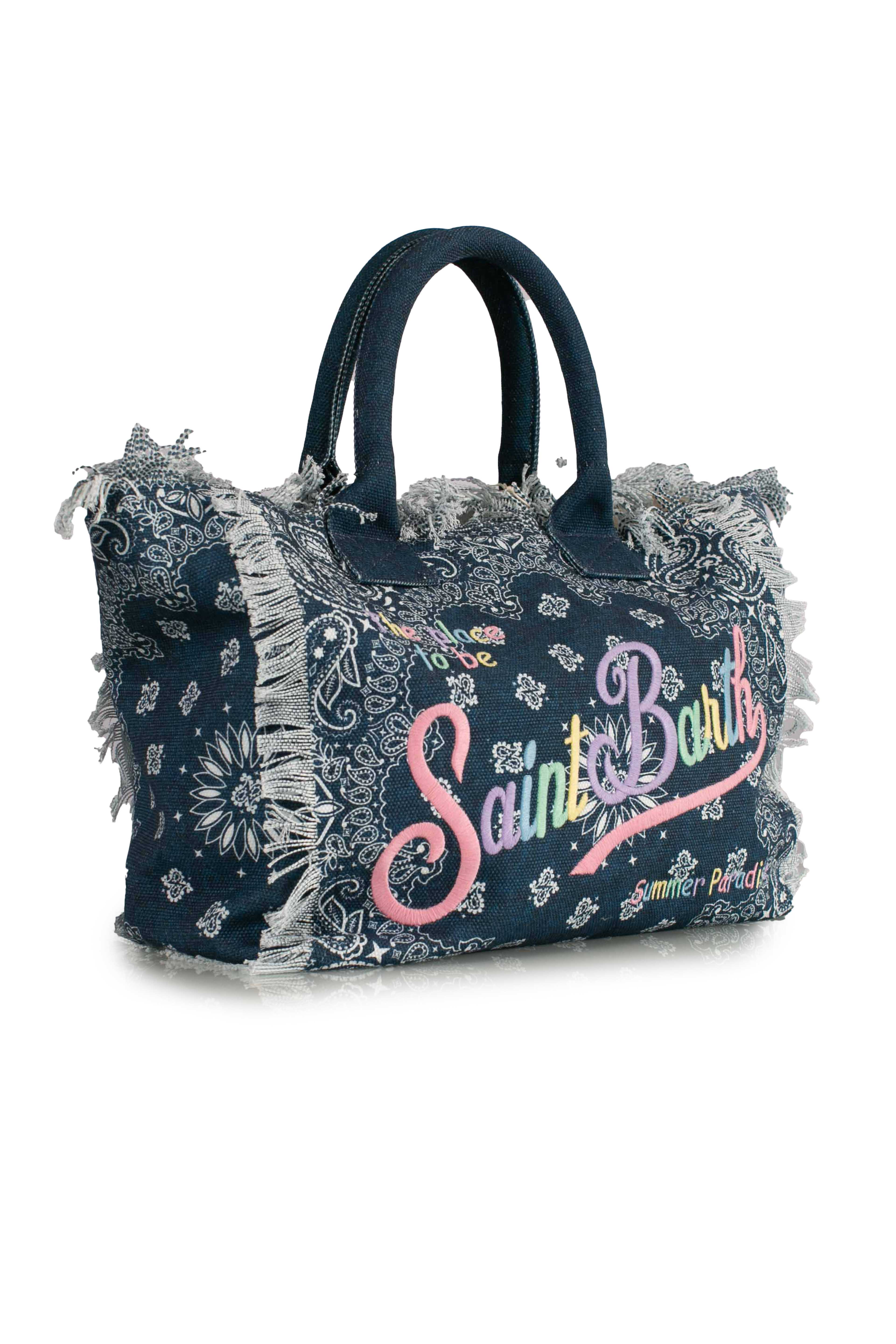 Borsa a spalla Vanity in canvas di cotone denim blu con stampa bandana