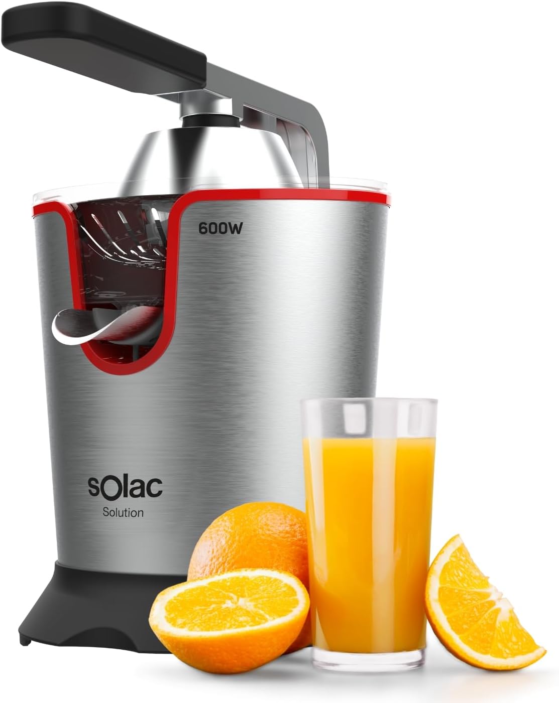 Solac - Spremiagrumi elettrico Solution 600W, In acciaio inox, Professionale, 2 Coni per spremere arance e limoni, Versamento continuo, Motore AC, Sistema antigoccia, Lavabile in lavastoviglie