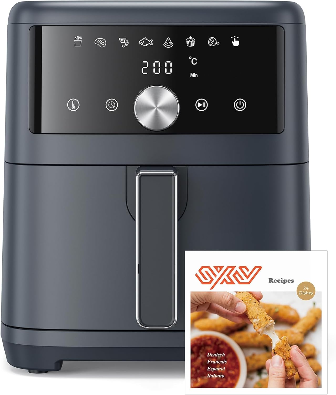 6L Oil Free Hot Air Fryer Compact Design with Digital Touch Screen, 8 Programs (Italian Recipes), Silent (<50dB), Ideal for Families, 1500W, Black