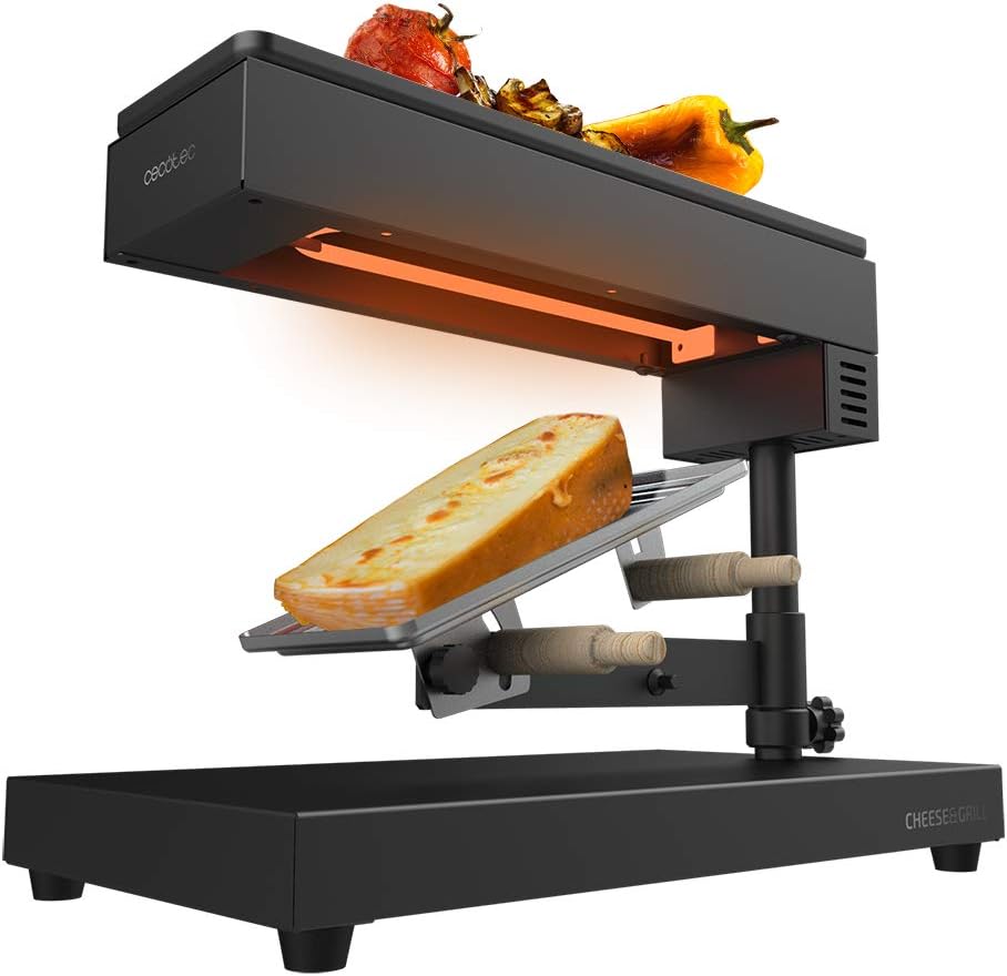 Cecotec Raclette Cheese & Grill 6000 Black 600W Power Grill Function Stainless Steel Finish Adjustable Thermostat 2 Wooden Spatulas Top Non-Stick Grill