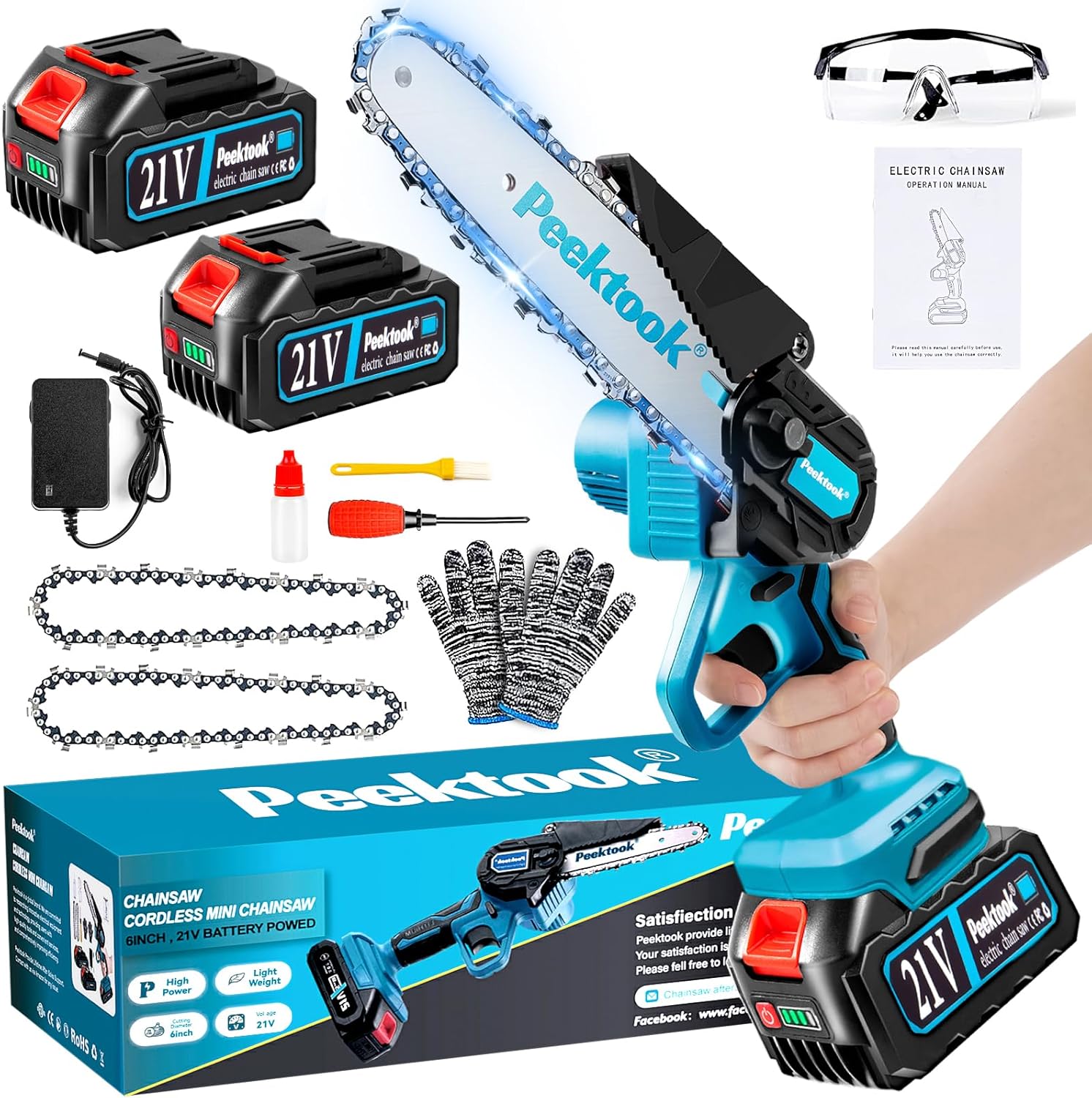 Mini Chainsaw Battery for Pruning, 1000W Brushless Motor 6 Inches Electric Chainsaw with 4000mAh Large Capacity Batteries, 2 Chains and Safety Lock for Cutting Wood and Gardens