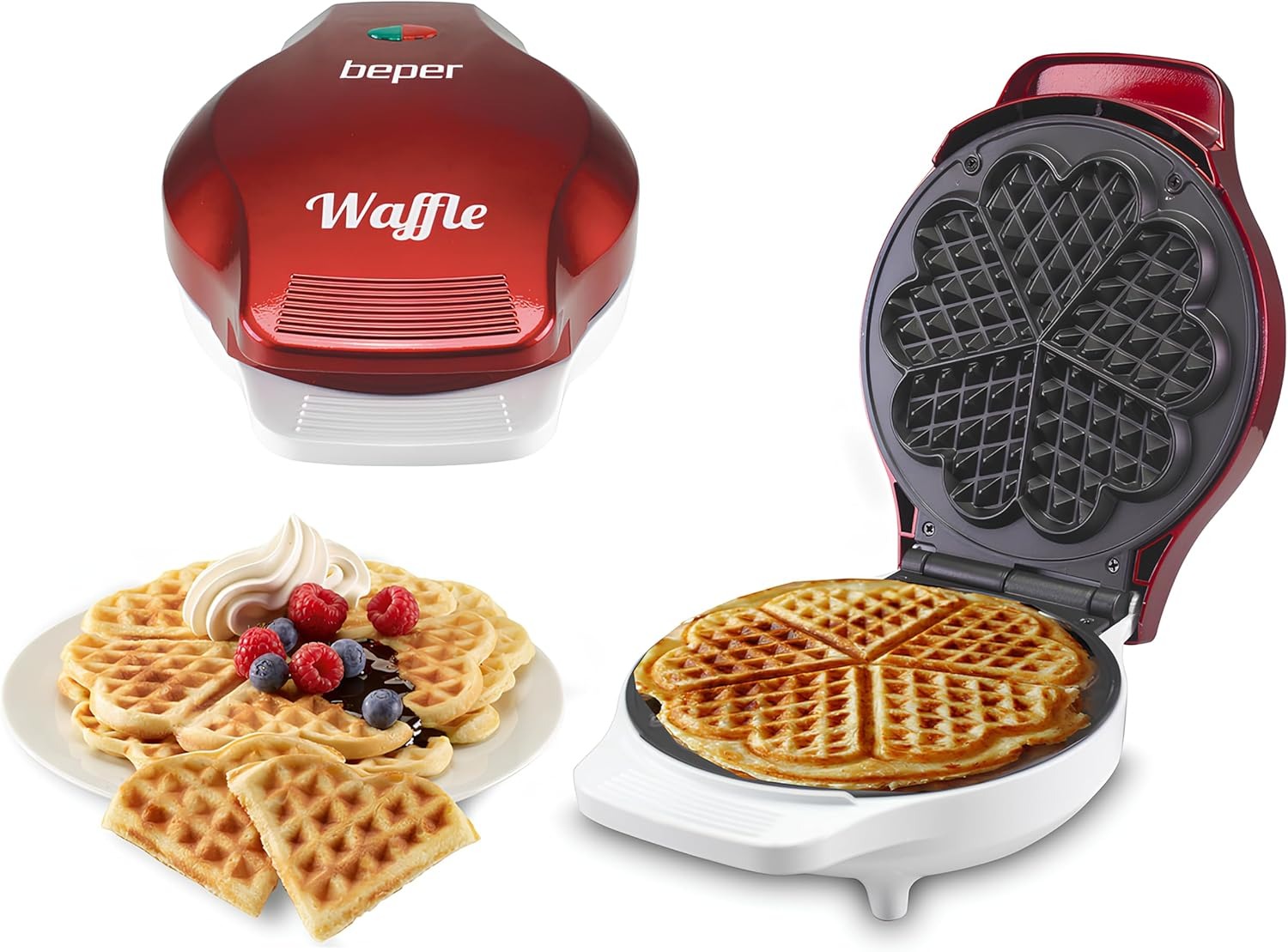 Beper - Piastra per Waffle, Cialdiera, 5 Waffle Alla Volta, Piastra Antiaderente 18cm, 800-100W - Rosso/Bianco