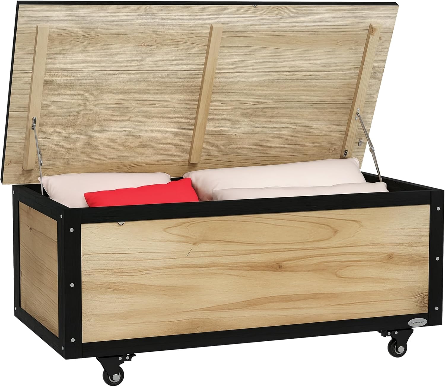 Outsunny Panca Contenitore da 121L con 4 Rotelle e Maniglie, Contenitore da Giardino in Legno, 100x50x43cm, Colore Legno