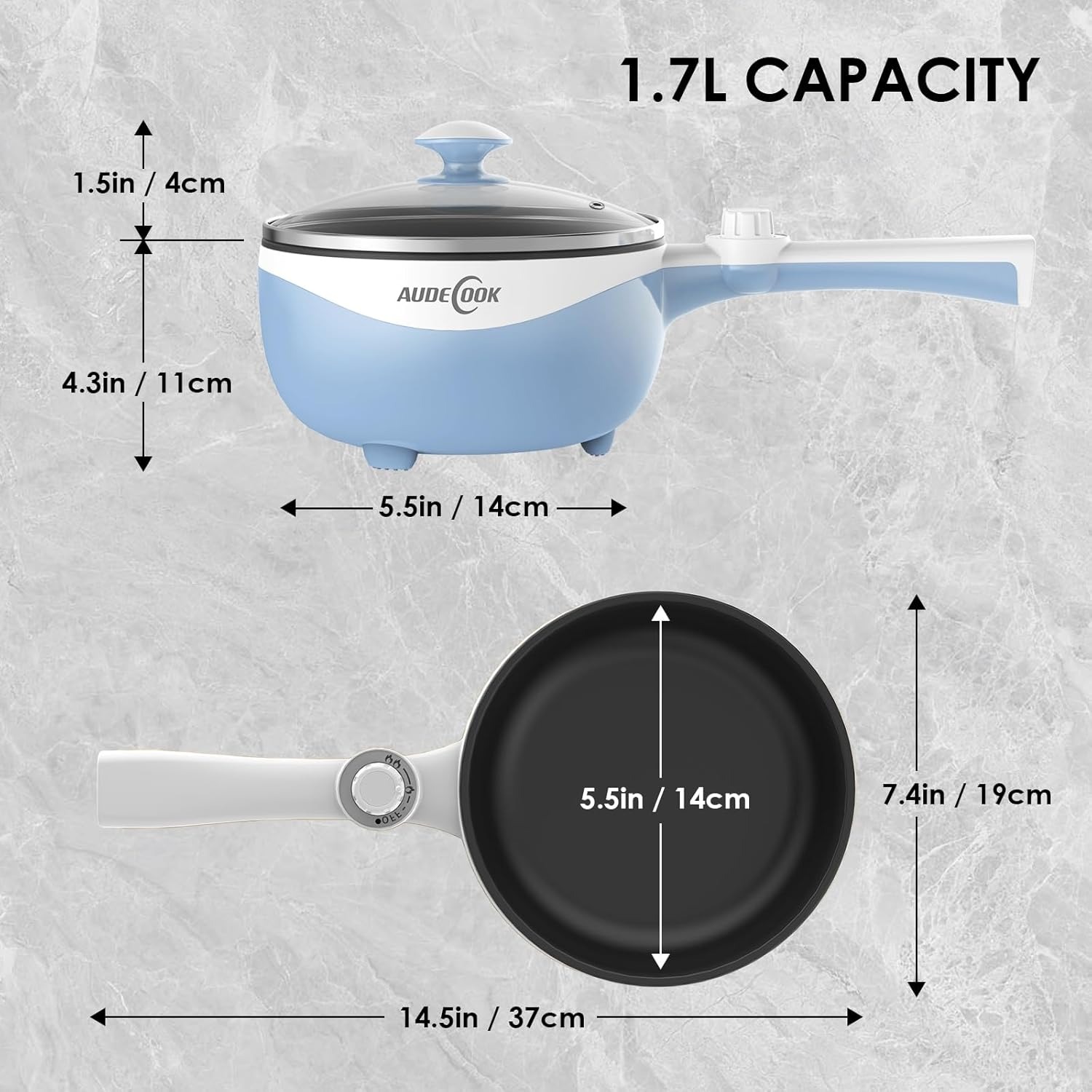 Audecook Hot Pot Electric - Mini padella elettrica con rivestimento antiaderente per ramen veloce, 1,7 l, pentola elettrica portatile per bistecca, uova, riso fritto, ramen, farina d'avena, zuppa