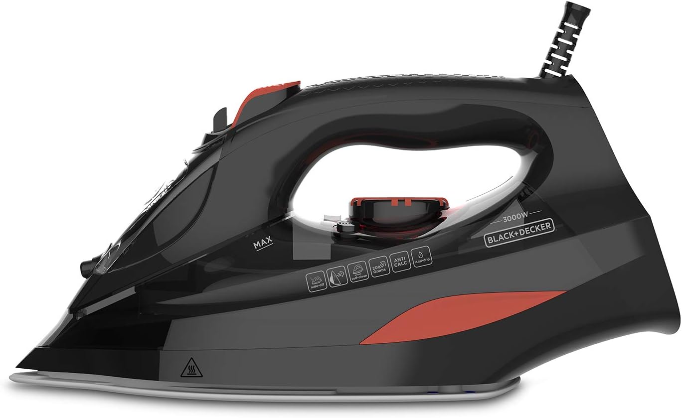 BLACK+DECKER BXIR3000E - Iron, 3000W. Ceramic soleplate, steam boost, 200 g/min. Continuous steam 45 g/min. Double anti-limescale system. Disinfectant steam. Non-drip. Black