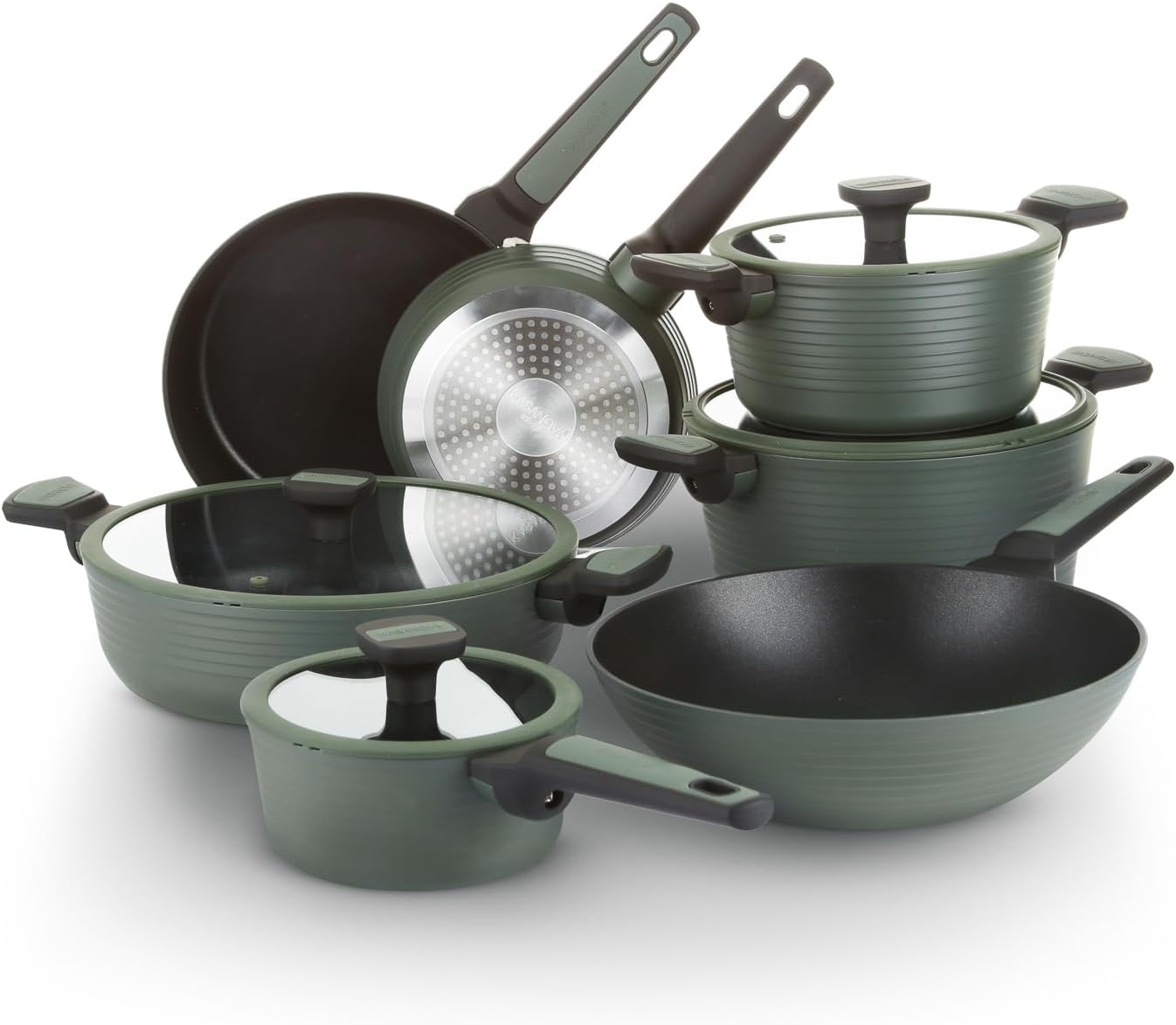 KASANOVA Batteria Corredo 2.0, 11-Piece Cookware Set, Non-Stick Cookware and Pan Set, Compatible with All Hobs (Green)