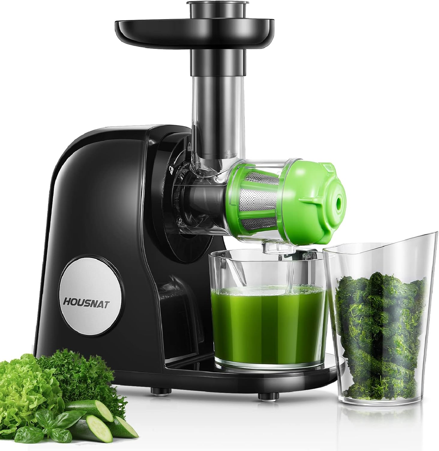 Housnat Estrattore Frutta e Verdura, Estrattore di Succo a Freddo con Motore Silenzioso e Funzione Inversa che Evita Blocchi, Facile da Pulire con un Pennello con Ricettario (D'argento)