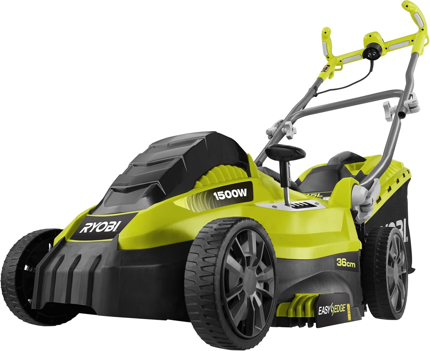 Ryobi RLM15E36H Tagliaerba Elettrico 1500W, Larghezza Taglio 36 cm, 3-in-1: Raccolta, Mulching e Scarico Posteriore, Altezza Regolabile 20–70 mm, Sacco 45L con Indicatore, Impugnatura Ergonomica