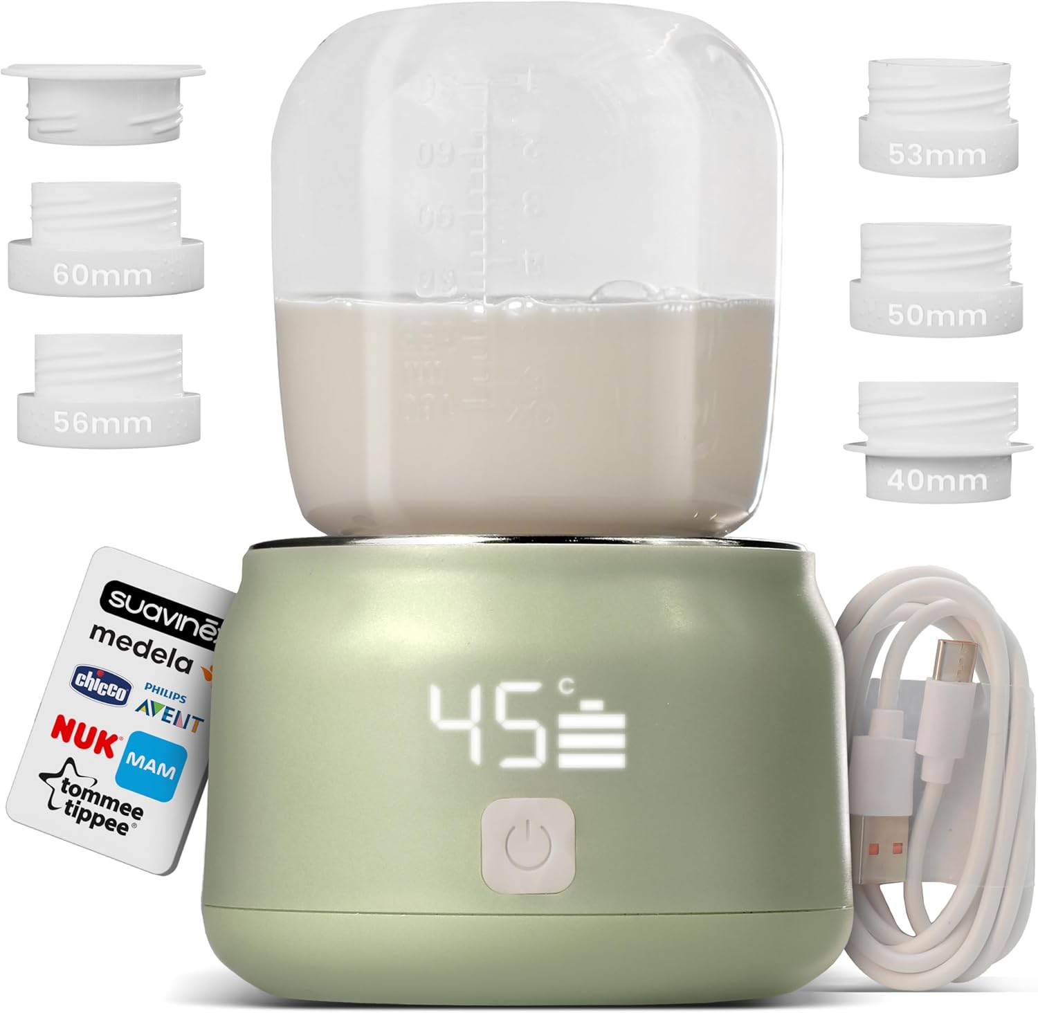 BEYBE Scaldabiberon Portatile Universale con USB - Riscaldamento Rapido, 4 Impostazioni di Temperatura, Facile da trasportare con Chiusura Ermetica, Scalda fino a 8 Biberon