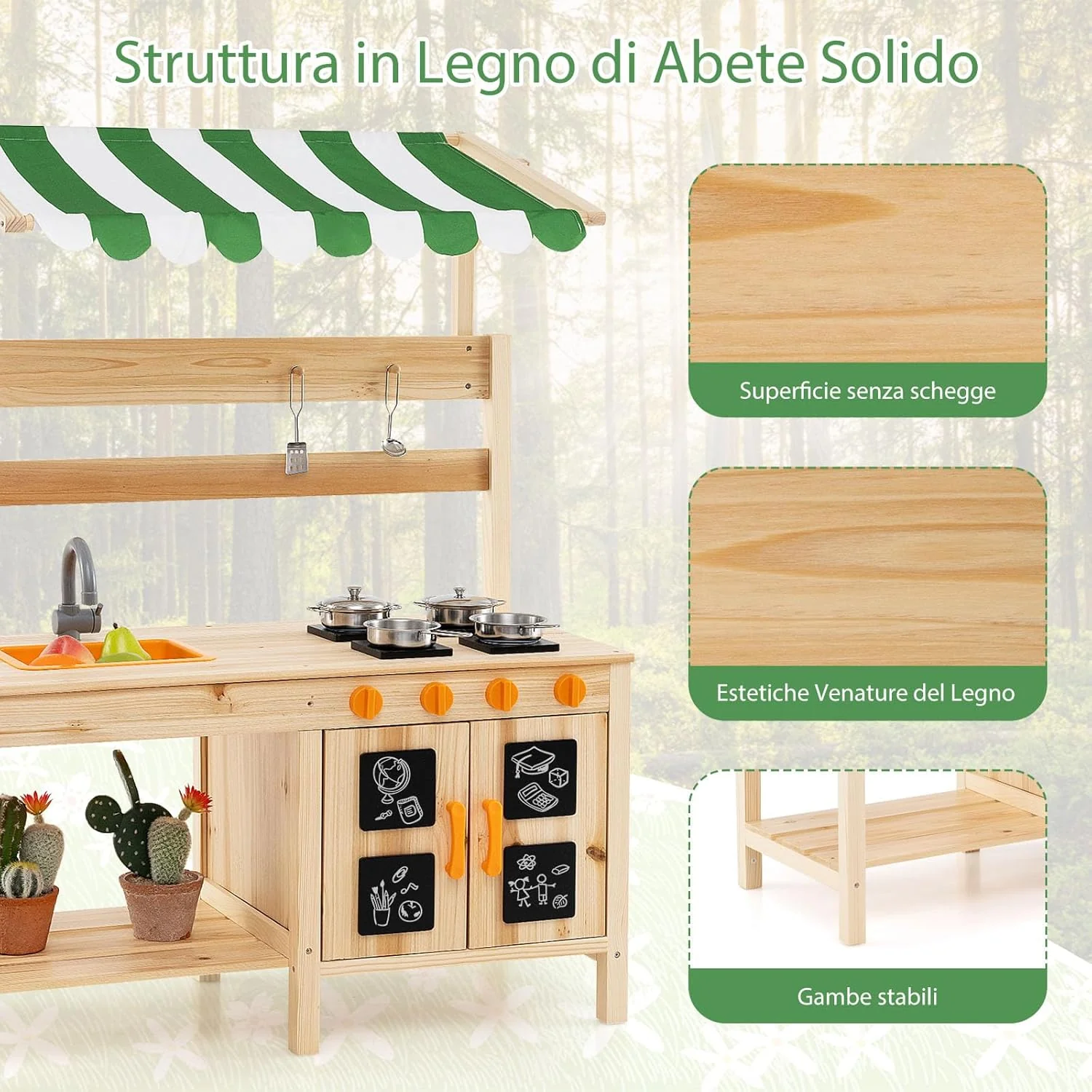 Cucina Giocattolo per Giardino in Legno di Abete, Cucina per Fango da Esterno con Tettoia, Fornelli, Ganci, 4 Lavagne e Lavello, Set Cucina con 5 Accessori, 88 x 39 x 117 cm