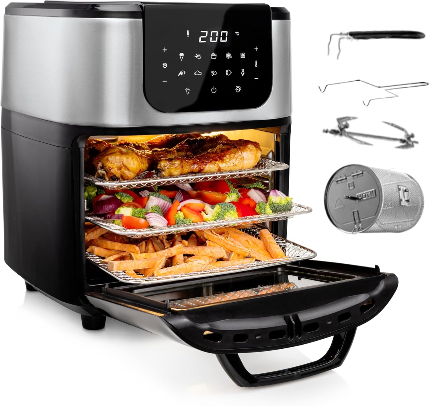Princess Deluxe Oven Air Fryer - 11L - 1800W - Digital Touch Screen - 10 Preset Programs - Poultry and Basket Included - Stainless Steel - 182075