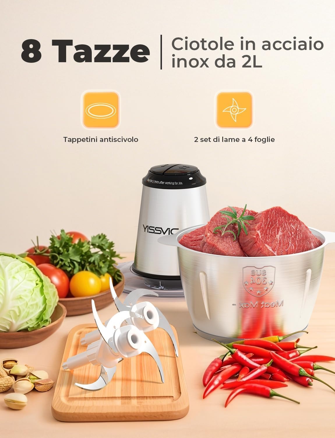 YISSVIC Tritatutto da Cucina Elettrico 2L, 500W, 2 Velocità, 2×4 Lame, Ciotola in Acciaio Inox, Anello Antiscivolo, Lavabile in Lavastoviglie, per Frutta Verdura Carne Spezie Visita lo Store di YISSVIC