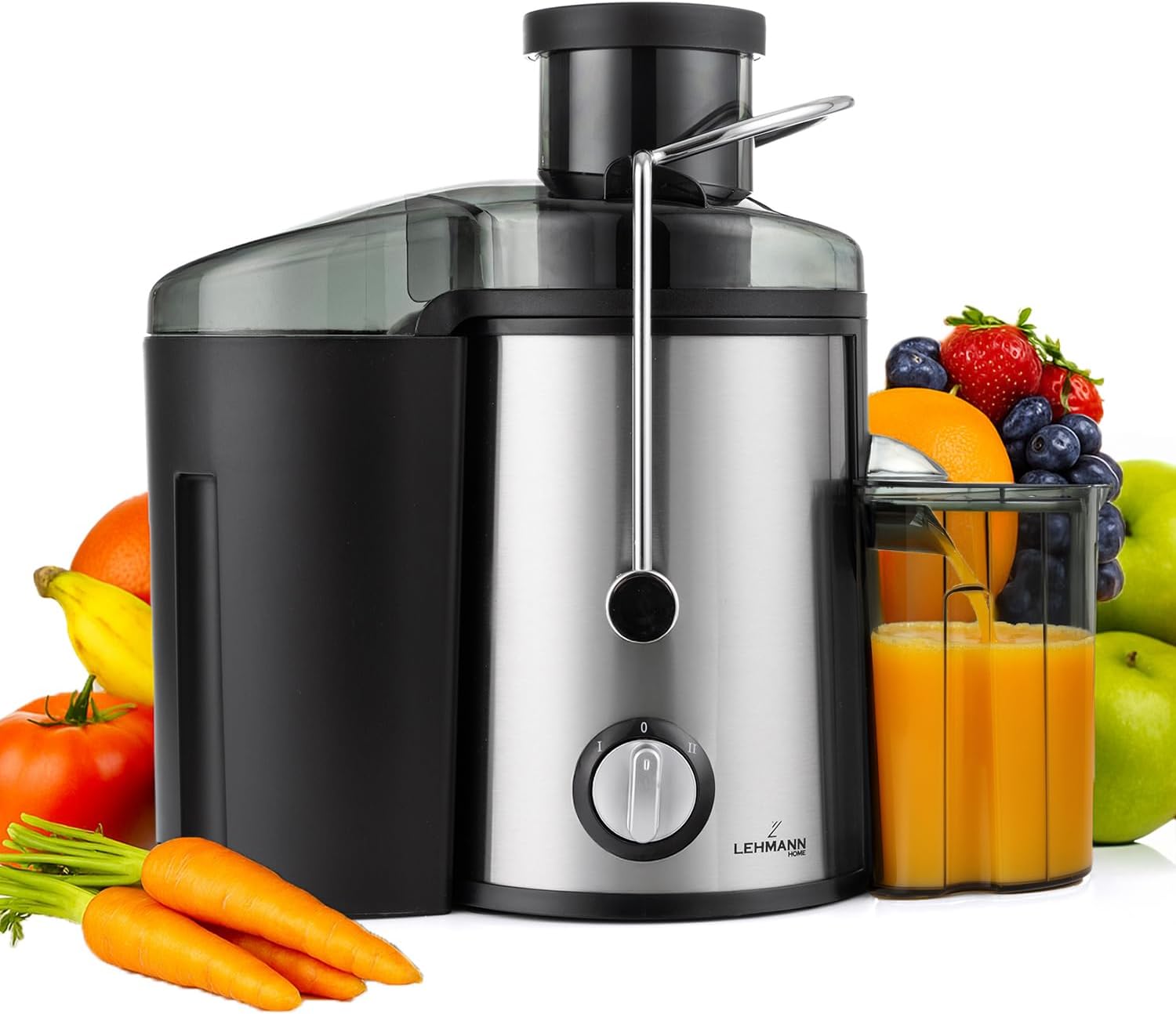 LEHMANN Centrifuga Frutta e Verdura, Rapida Preparazione del Succo, Estrattore Frutta e Verdura con Bocca da 65 mm, 2 Livelli di Velocità, Contenitore Polpa 1,5 L e Succo 450 ml, Acciaio Inox