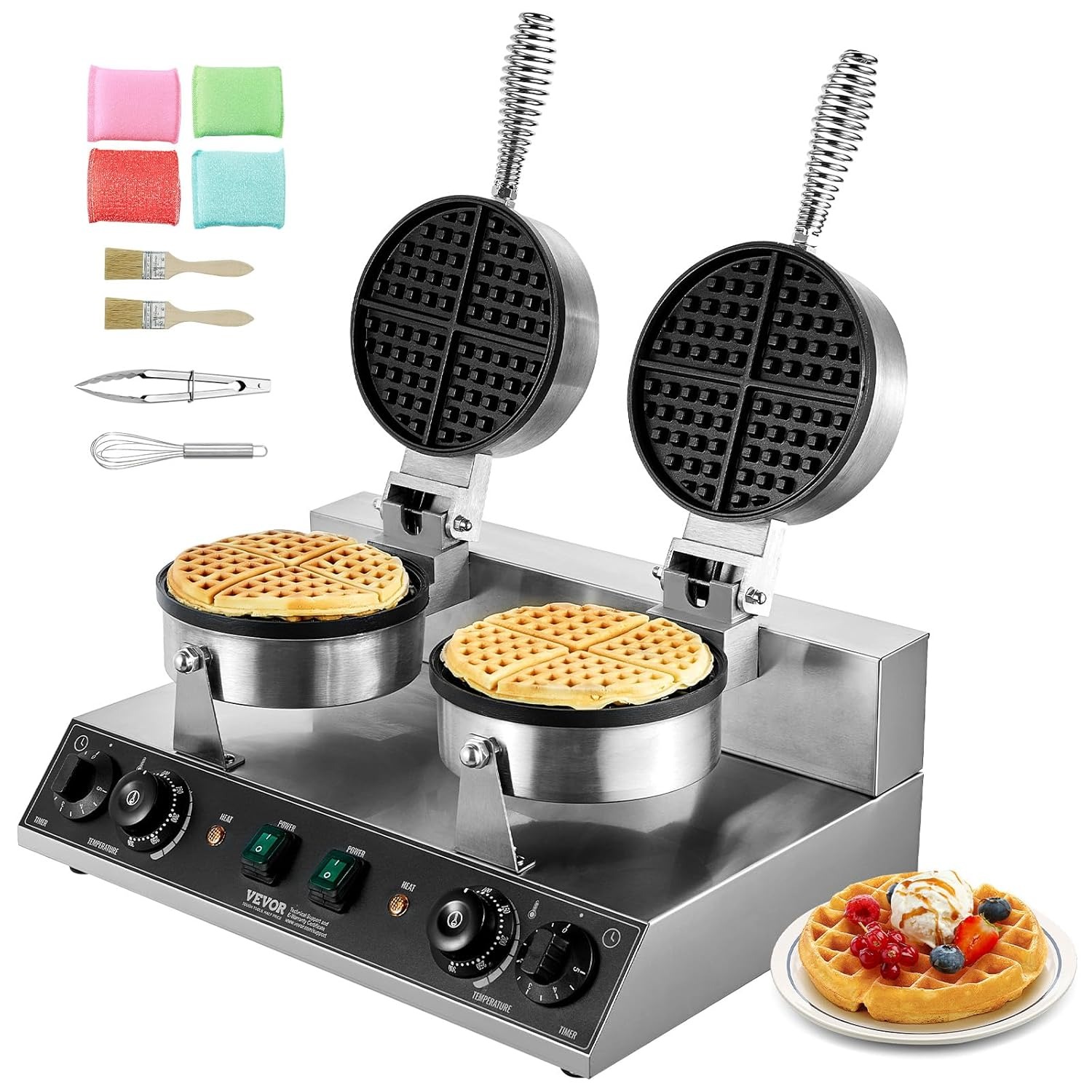 VEVOR Macchina per Waffle Commerciale Rotonda a Doppia Testa, Piastra Waffle Belga in Acciaio Inox Antiaderente 2460 W con Controllo Temperatura Tempo e Maniglia, per Ristoranti Panetterie, Snack Bar