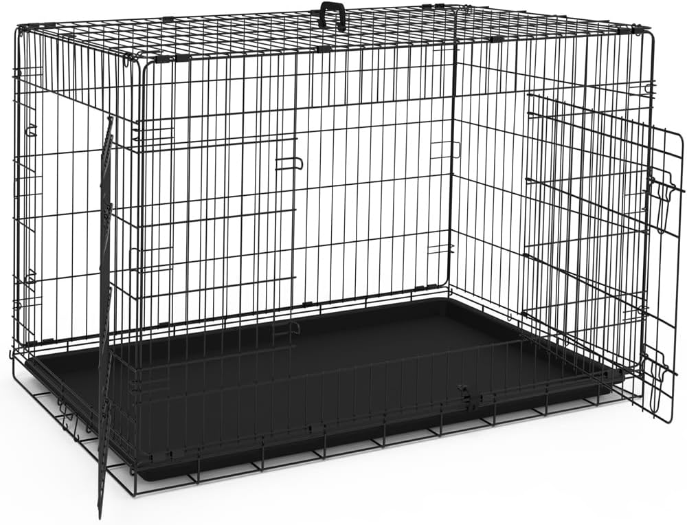 VOUNOT® Gabbia per Cani Pieghevole in Metallo, Cassetta per Trasporto Scatola Trasportino Cani con 2 Porte, Vassoio Rimovibile, 92x58x64cm, Nero