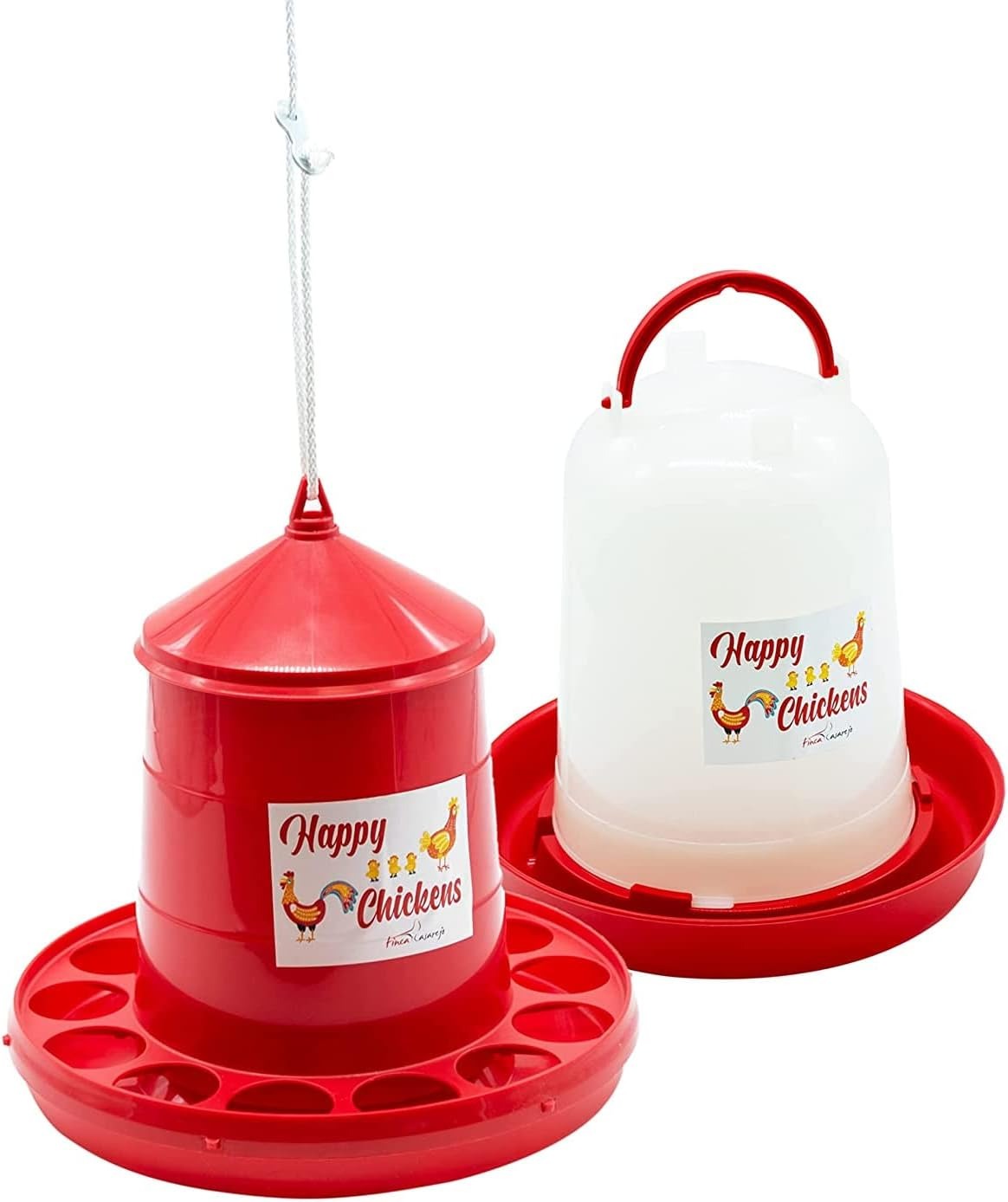 FINCA CASAREJO Mangiatoia + Abbeveratoio per Galline e Altro Pollame - Confezione Mangiatoia 2Kg e Abbeveratoio 3L in Plastica - Corda Inclusa per la Sospensione della Mangiatoia