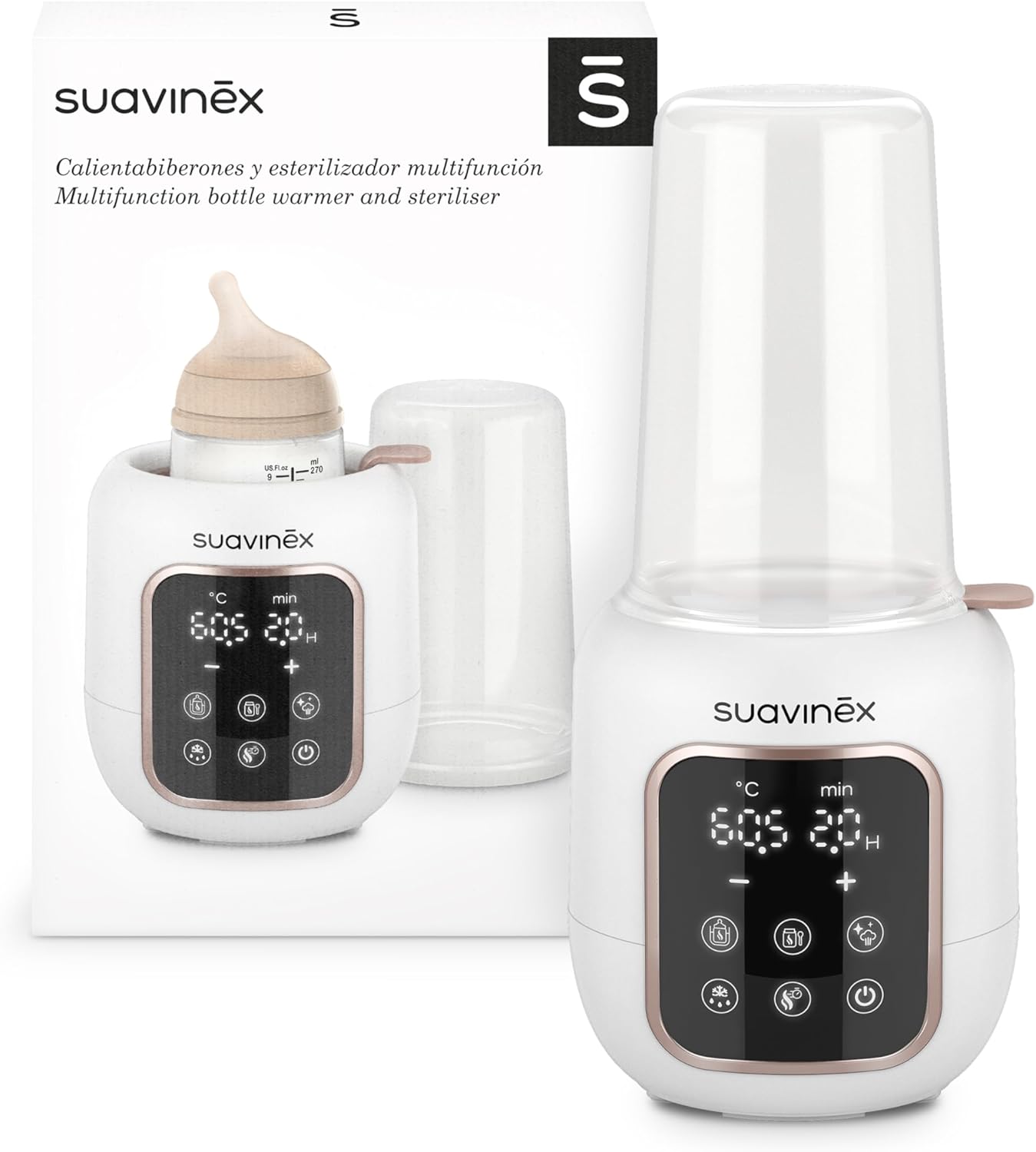 Suavinex, Scaldabiberon e Sterilizzatore 2 in 1, Sterilizza biberon e ciucci, Scalda e Scongela Biberon, Latte Materno e Omogeneizzati, con Modalit脿 Rapida e Spegnimento Automatico, Facile da Usare