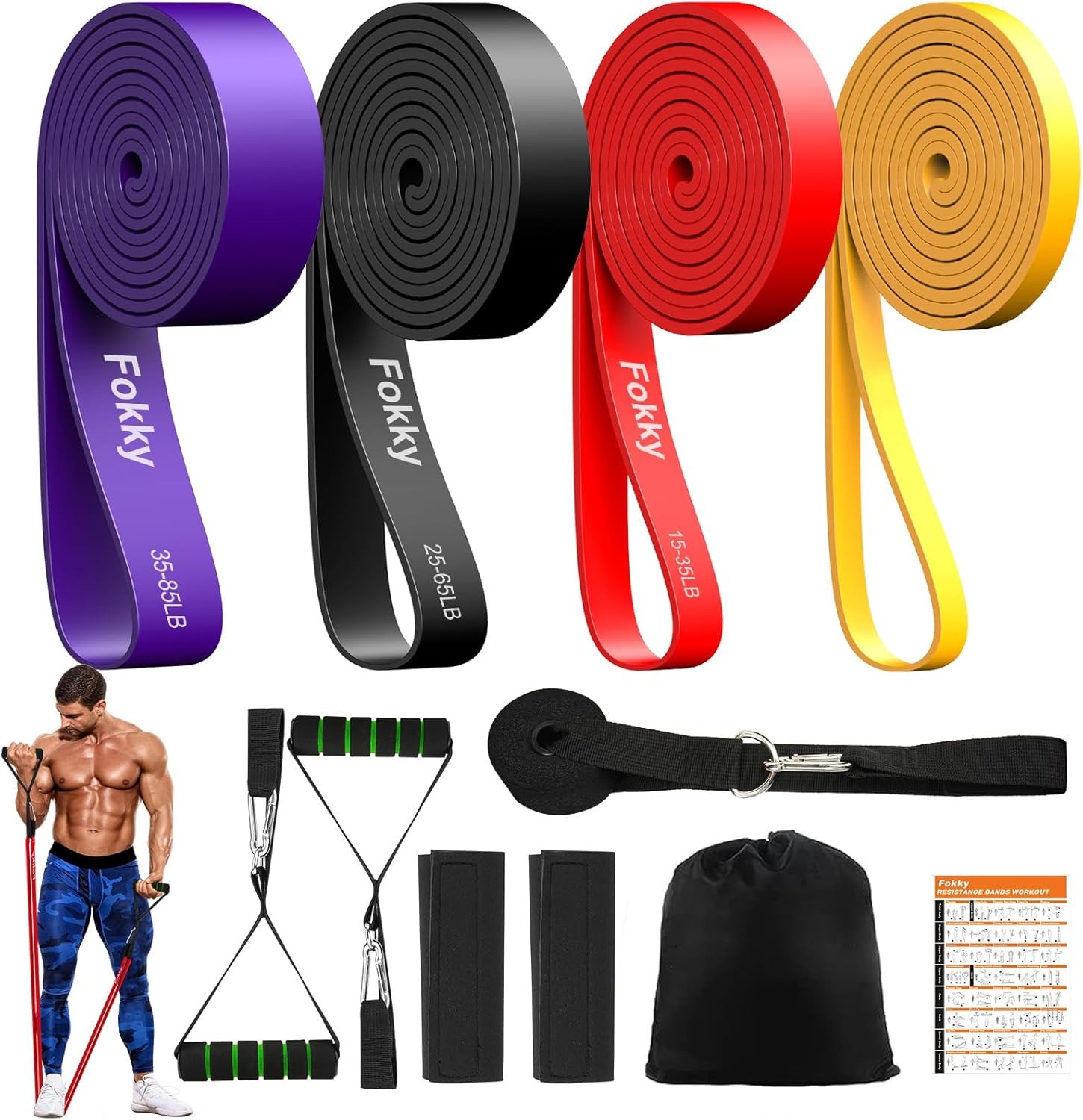 Fokky Elastici Fitness di 4 Livelli di Resistenza, Elastico Fitness con Ancoraggio Porta, Maniglie e Cover Protettiva, Elastici Palestra per Allenamento Stretching Powerlifting Resistenza Marca: Fokky