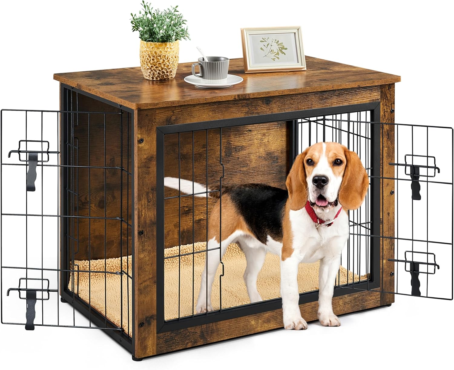 Yaheetech Kennel Dog Cage, Coffee Table with Double Doors and Cats in Wooden Mesh for Indoor Use, 80.5 × 55.5 × 64 cm, Rustic Brown