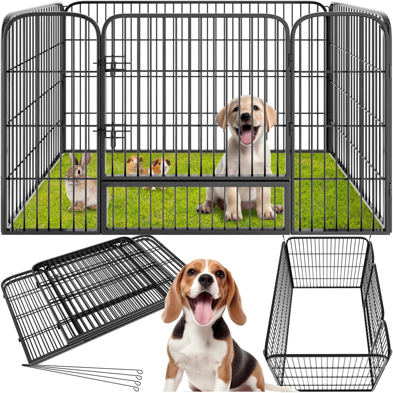tectake® Recinto per Cuccioli, Conigli, Animali di Piccola Taglia, Recinto per Animali da Esterno, Porta con Doppio Blocco, Puntelli, Versatile, Pieghevole - Altezza 100 cm