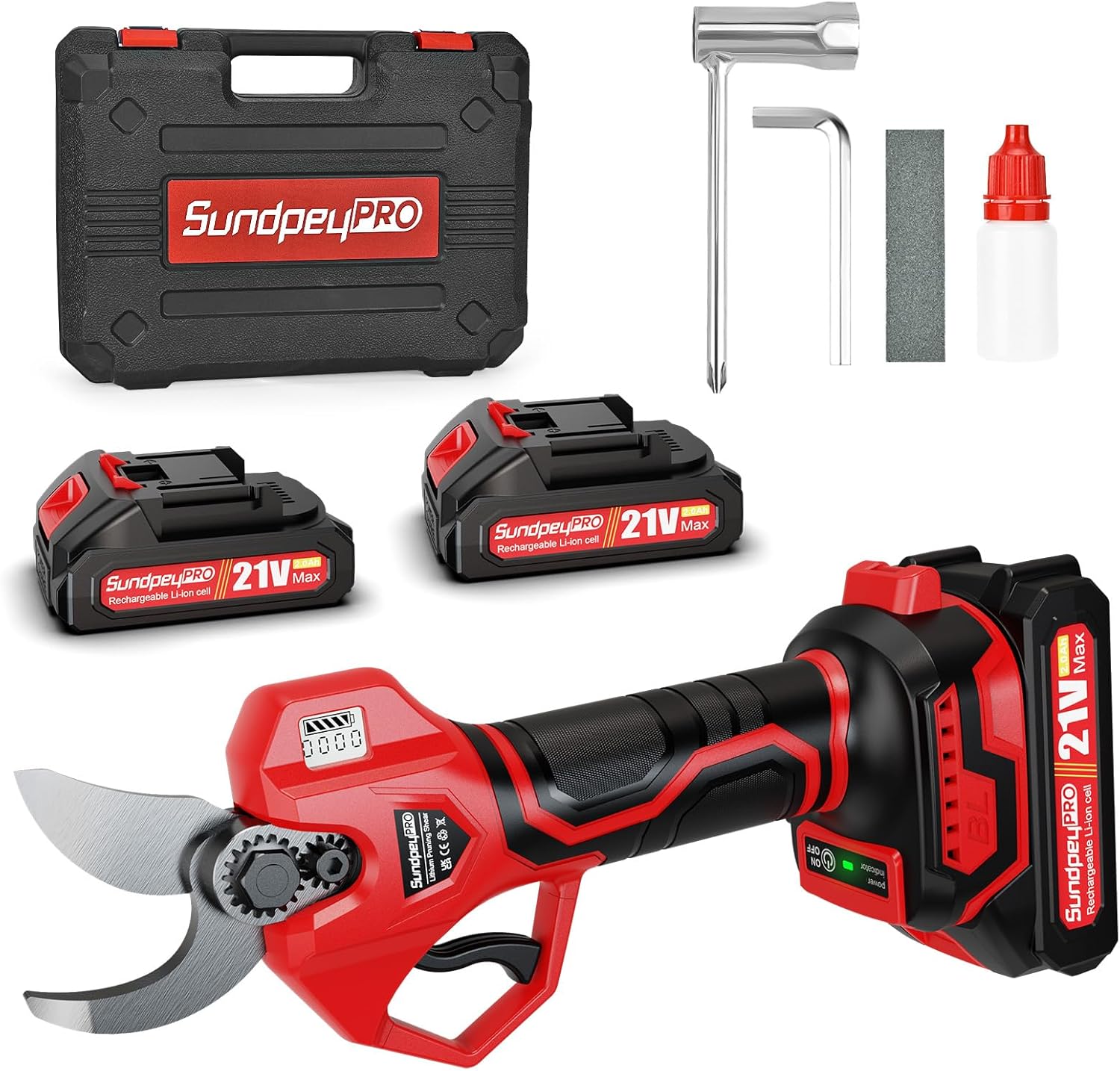 SundpeyPRO Electric Pruning Shears 21 V – 40 mm Wireless Pruning Shears with 2 x 2.0 Ah Batteries and Brushless Motor and Portable Case – Electric Pruning Shears for Trees Garden Orchard