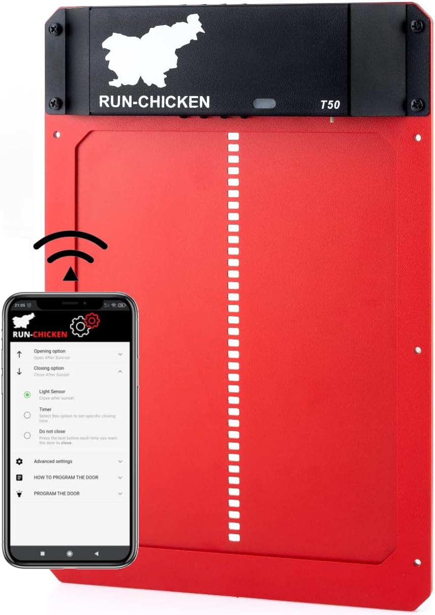 RUN-CHICKEN Porta automatica per pollaio (rossa), programmabile con app, funzionamento a batteria, ritardo serale e mattutino, porta alluminio, porta galline automatica, modello T50