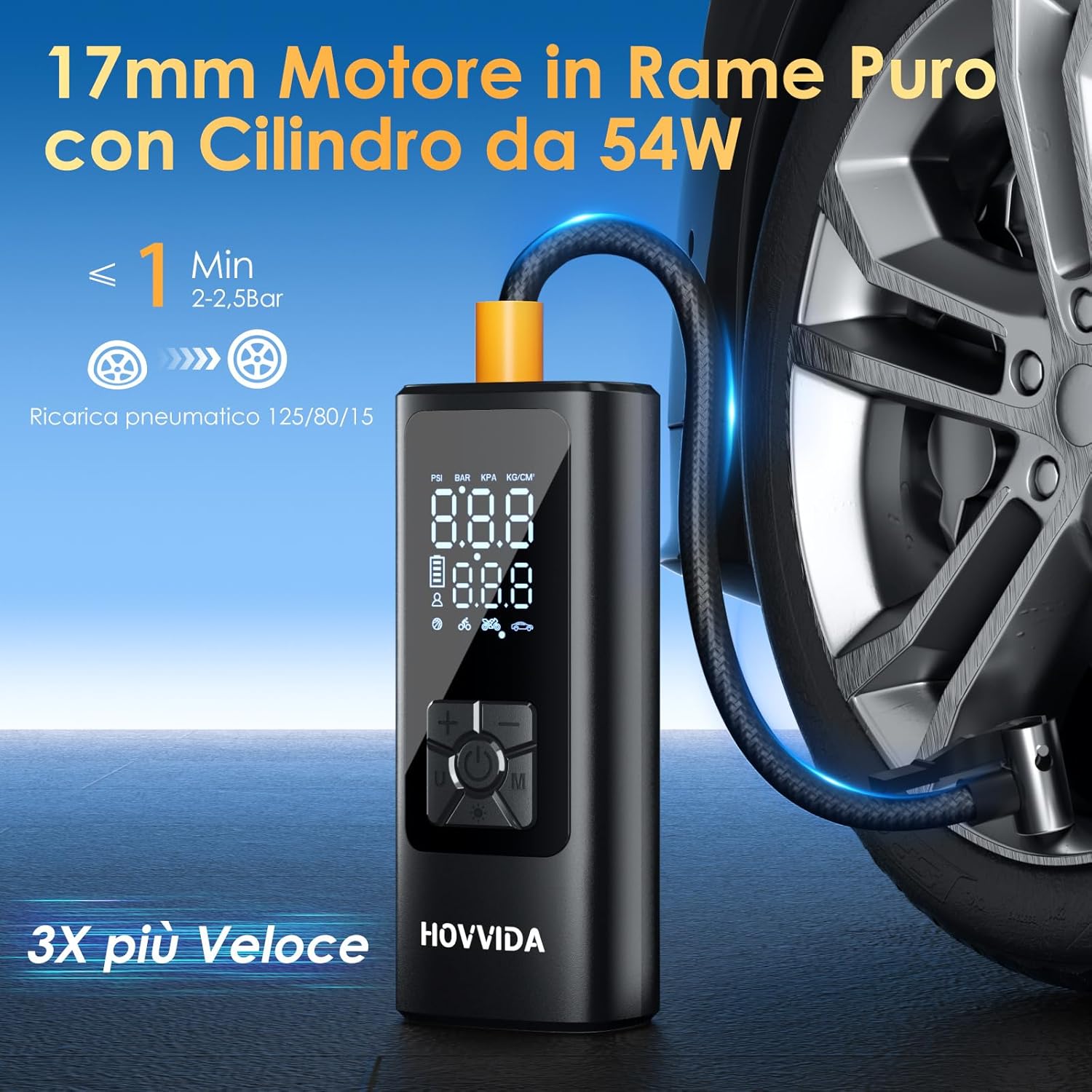 HOVVIDA Compressore Aria Portatile, Compressore Portatile, Compressore Portatile Moto, 150 PSI (10,3 Bar) 5V, Inflazione Rapida, Spegnimento Automatico, LED, per Auto, Moto, Bicicletta, Palla