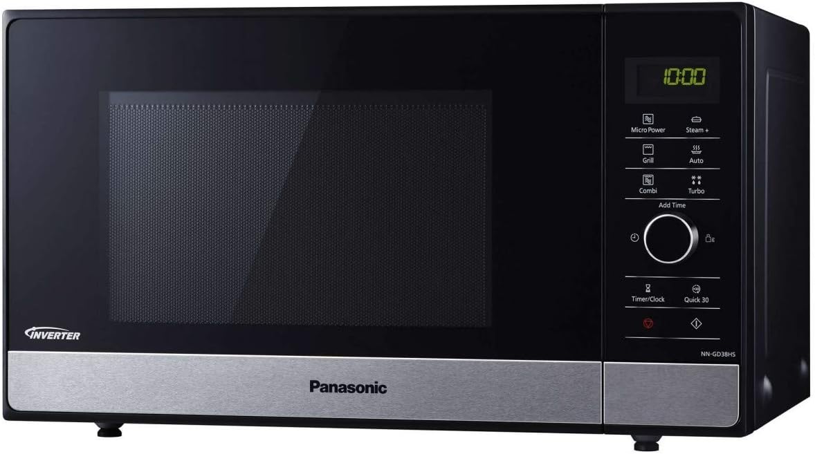 Panasonic NN-GD36HMSUG Forno Microonde Inverter e Grill con Piatto Rotante, Teglia Steam+, 23 Litri, Acciaio Inox, 1000 W, Grill 1000 W, 17 Programmi Automatici, Griglia Metallica, Argento