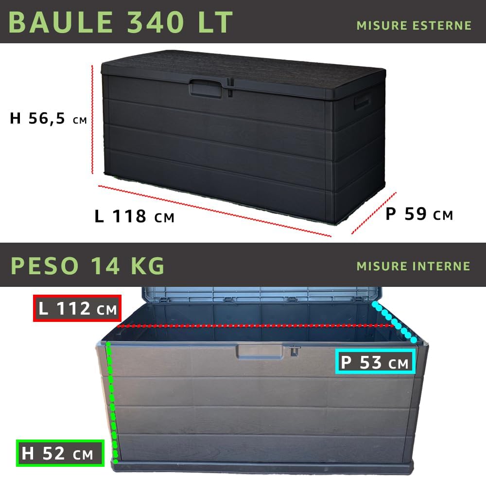 Maury's Baule Cassapanca 340 Litri Effetto Legno da Esterno: Ampio Spazio di Stoccaggio, in Resina Antracite, Dimensioni 118x59x56,5 h cm - Made in Italy