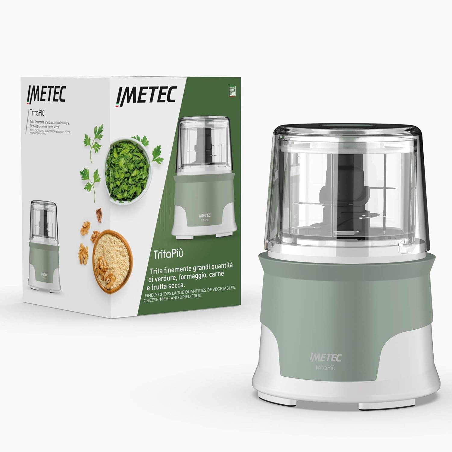 Imetec Tritapiù tritatutto, 4 lame in acciaio inox, Capiente contenitore 600 ml, 18.000 giri/min, Funzionamento a pressione, 1000 w, Materiali bpa free
