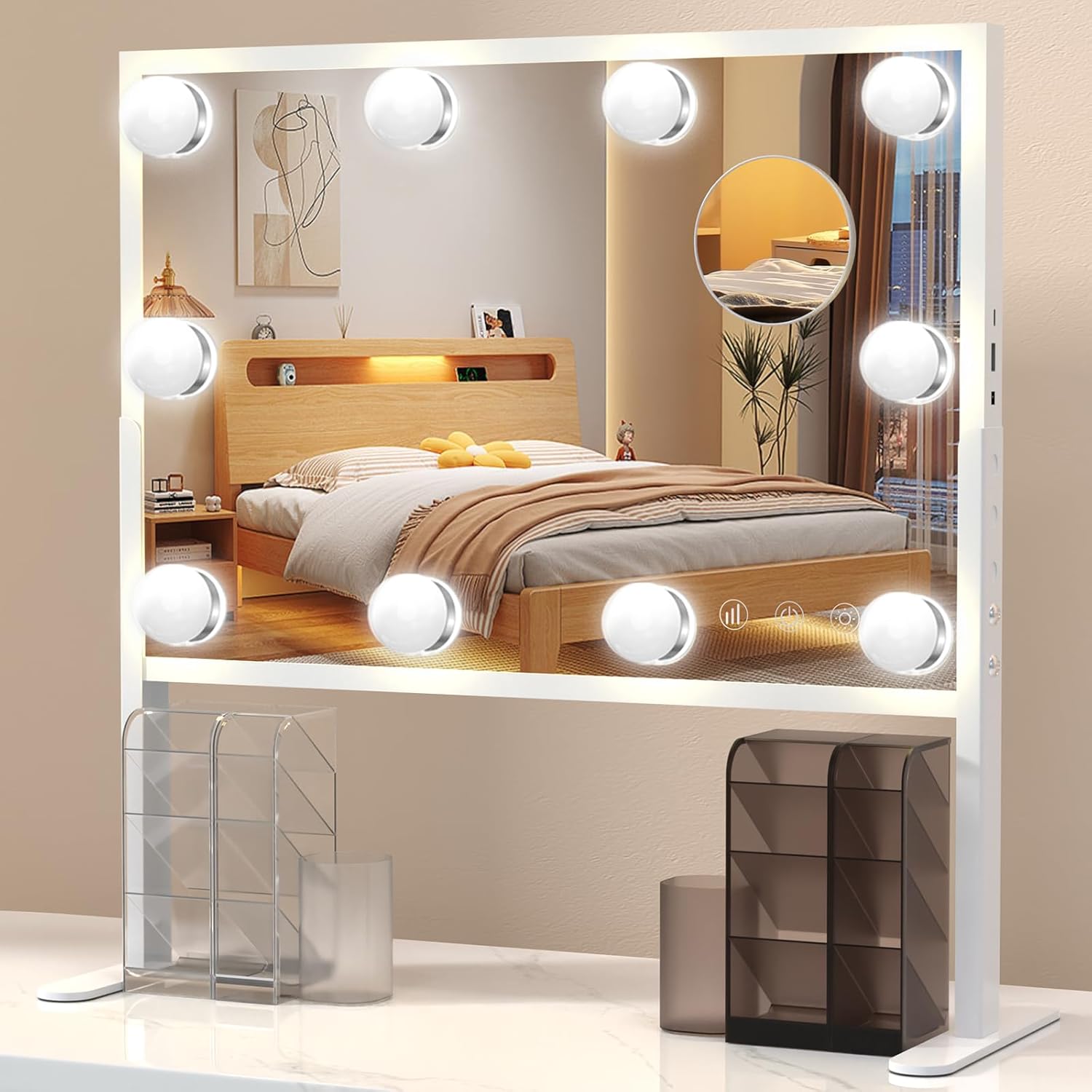 BESTOPE PRO Hollywood Adjustable Makeup Mirror, 60 x 35 cm, Mobile Phone Holder, 12 Dimmable Touch LEDs, 3 Colour Modes, Table/Wall Mirror, 10X Magnification, White