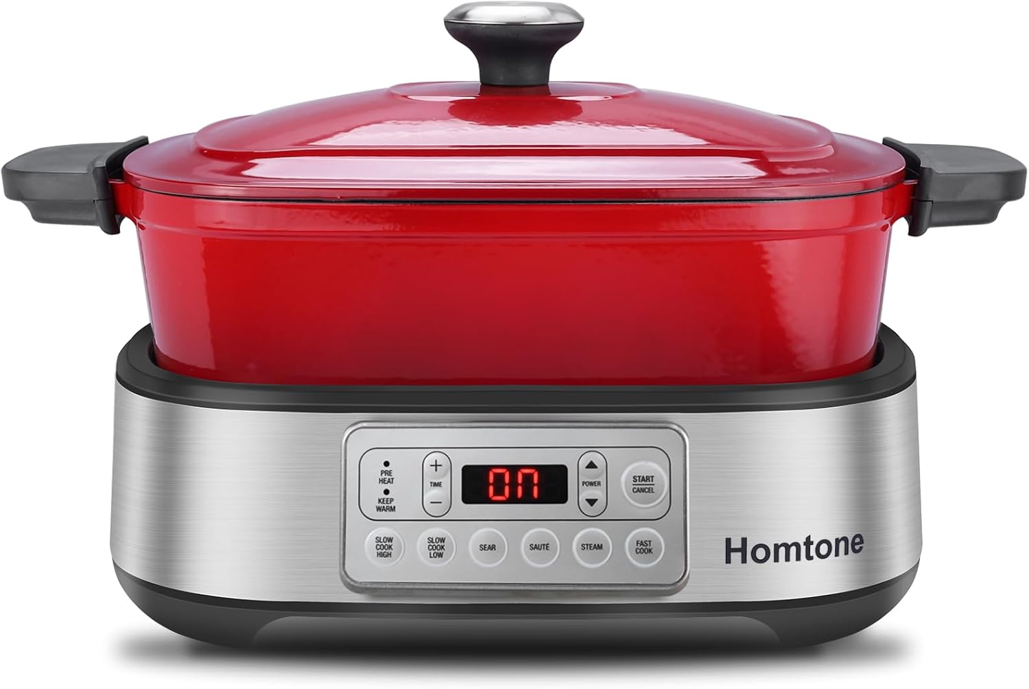 Homtone Casseruola 6 in 1 Slow Cooker, 5,5 l, programmabile, smaltata rimovibile, rivestimento in ceramica, cottura lenta, rosola, cottura a vapore con griglia a vapore, rosso