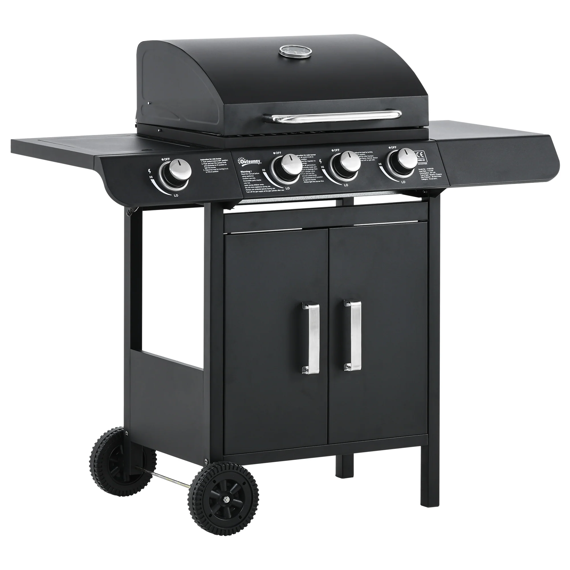 EasyComfort Barbecue a Gas con Coperchio, 4 Bruciatori da 11.6kW, Fornello, Mensola e 2 Ruote, 110x50x100cm Nero