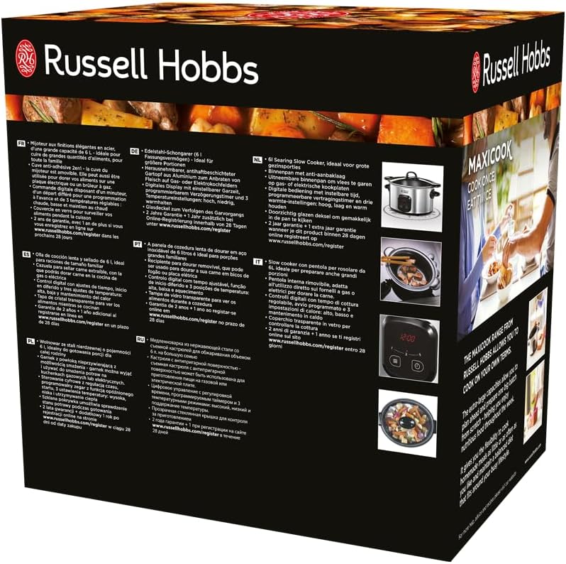 Russell Hobbs Slow Cooker - 6 L XL Pot with Non-Stick Coating, Programmable Timer-Cooking Time - 3 Temperatures; Keep Warm, 200 W, Slow Cooker 22750-56