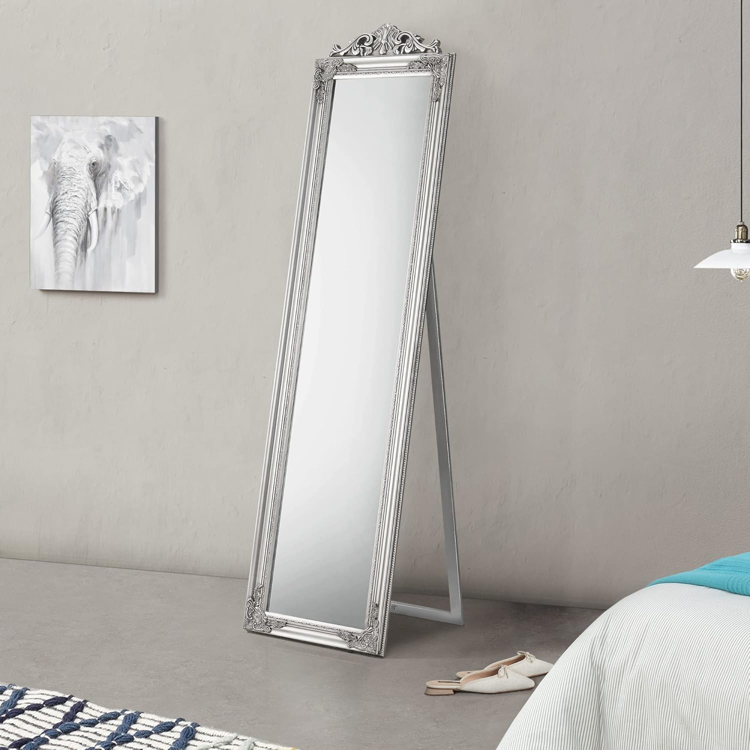 [en.casa] Specchio da Terra con Cornice in Eucalipto Stile Barocco Specchio Rettangolare da Figura Intera Autoportante Inclinabile per Camera da Letto Ingresso 160x40 cm Grigio Scuro