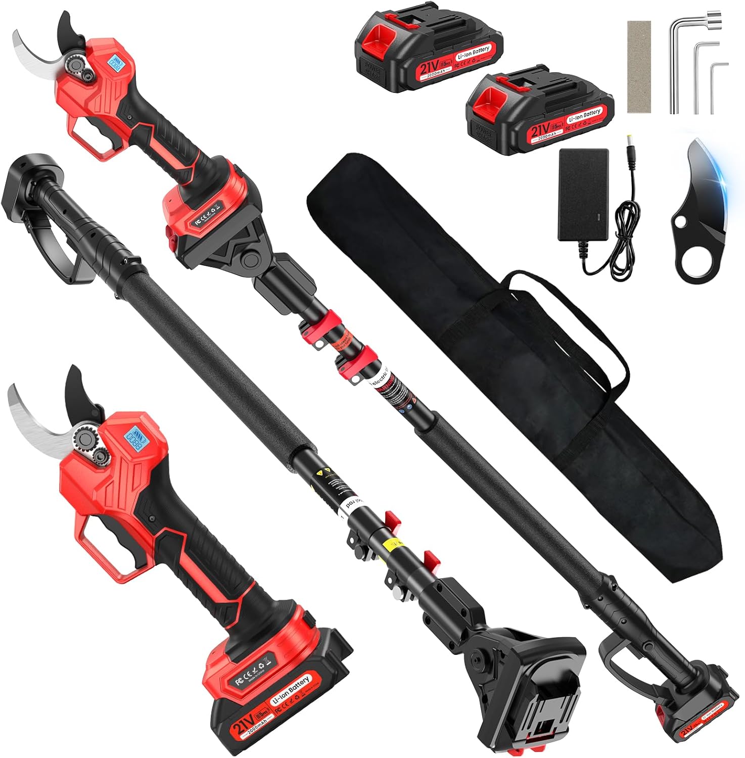 Battery Pruning Scissors with Rod, 2 in 1 Electric Pruning Scissors with SK7 Blade, 2.5 m Extension, 800 W Brushless Motor, 21 V 2 x 2000 mAh Batteries, 6-8 hours, 50 mm Electric Pruning Shears