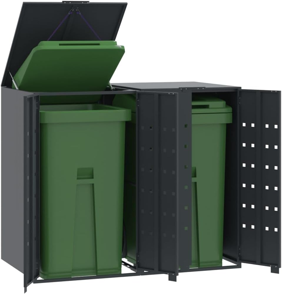 Azzrora Copribidoni Spazzatura Esterno, Copribidone Spazzatura Esterno, Copri Bidoni Spazzatura Esterno, Bidoni Differenziata Esterno, Copribidone con Ruote 2 Bidoni Antracite 138x79x117cm Acciaio