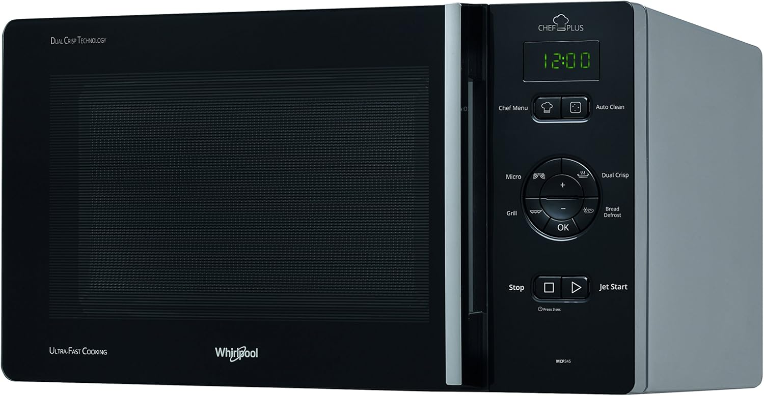 Whirlpool MCP 345 WH – Dimensions 52 cm x 42.5 cm x 30.3 cm, 25 Litre Oven with 800W Microwave Power and 800W Grill. With DualCrisp Function for Crunchy Foods