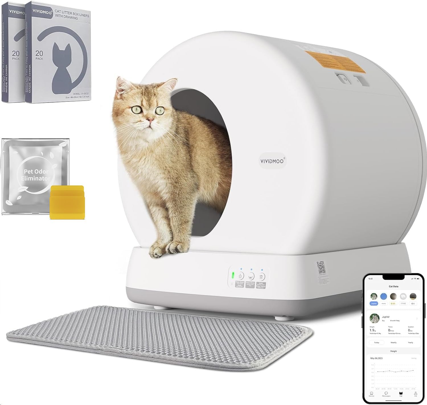 VIVIDMOO Lettiera Autopulente Per Gatti, Ultra Grande 57,6L, Lettiera Intelligente Automatica con Ideale per Multi Gatto, Isolamento Odori/Comando APP