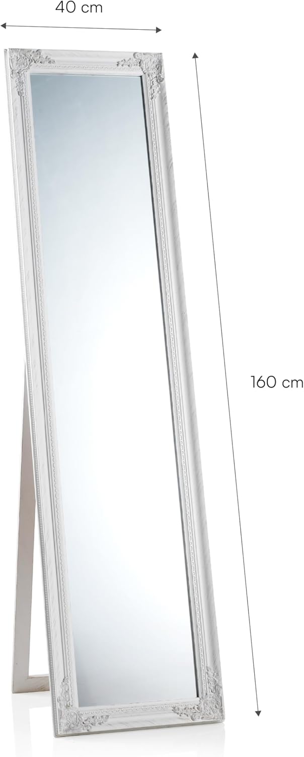 Baroni Home Montemaggi Specchio da Terra con Inclinazione Regolabile, Specchio Rettangolare con Cornice in Legno Bianco Stile Shabby, Specchiera da Camera e Salone, 40x160 cm