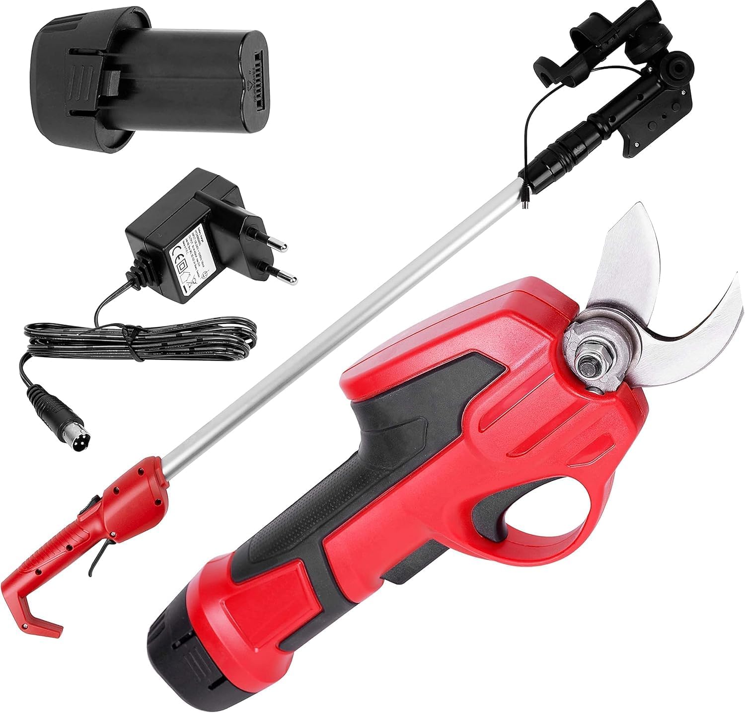 STREND PRO Cordless Telescopic Pruning Shears, Battery Powered Shears for Tree and Garden Pruning, Max. 22 mm, Electric Pruning Scissors with Telescopic Rod 170 cm, 7.2 V Battery, Red