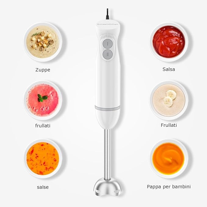 Bonsenkitchen Frullatore a Immersione 2 in 1, Minipimer in acciaio inossidabile da 1000 W, 2 Velocità, con Misurino da 700 ml con Coperchio, per Pappe, Zuppe, Frullati, Puree