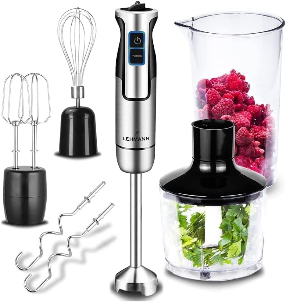 Lehmann Chowmei - Mixer manuale multifunzione con un set di accessori intercambiabili, 1300 W, contenitore dosatore da 600 ml, ciotola da 860 ml, funzione turbo, colore: argento/nero