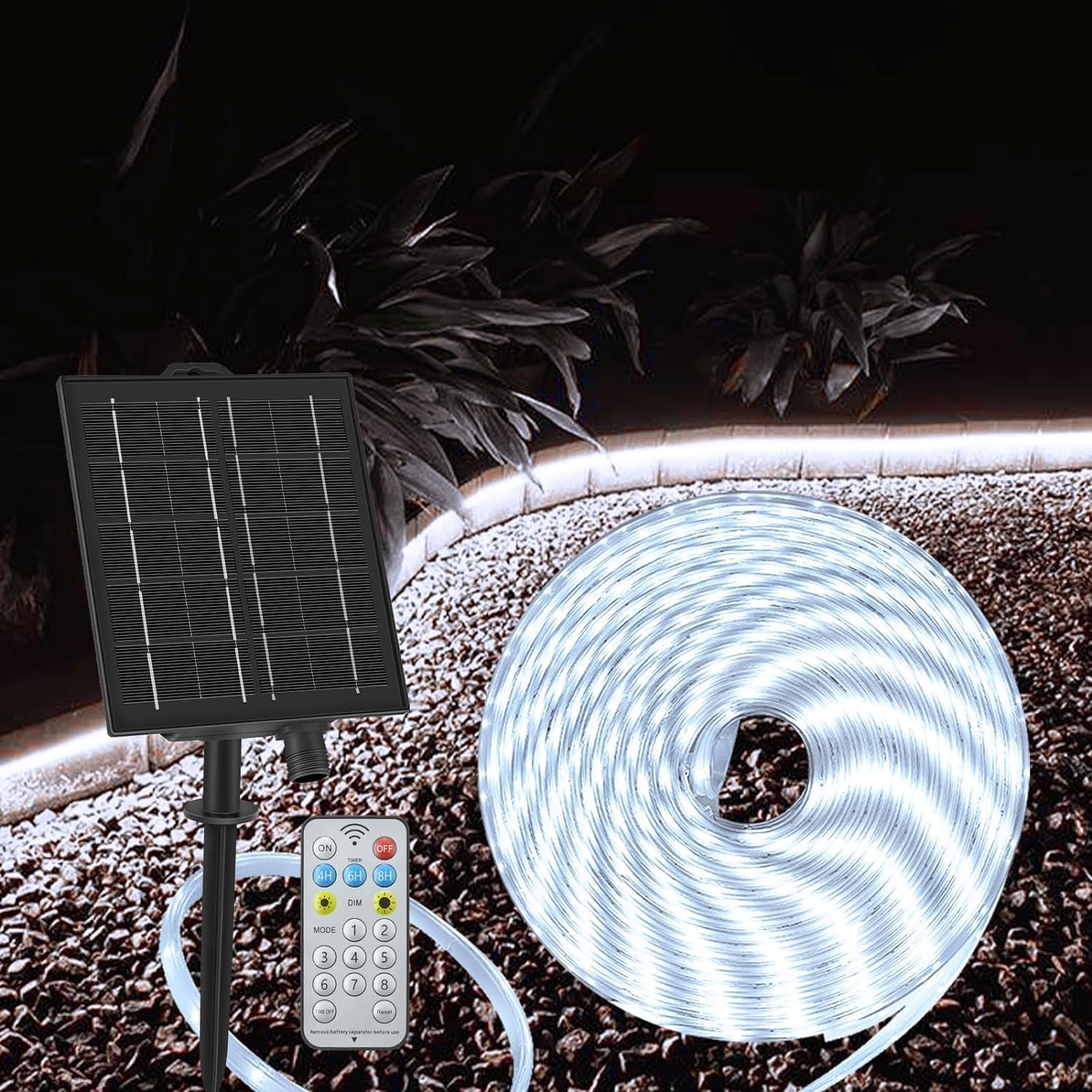 ZAIYW 10M Striscia LED Solare per Esterni, IP68 Impermeabile Solare LED Striscia con Telecomando e Timer, Autoadesiva e Tagliabile per Giardino e Cortile (Bianco Caldo)